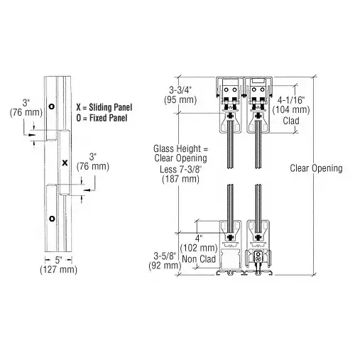 Satin Brass OXO Format Sliding Door Entrance System - 4" Top and Bottom Square Rail