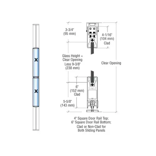 Brushed Stainless XX Format Sliding Door Entrance System - 4" Square Top 6" Square Bottom Rail