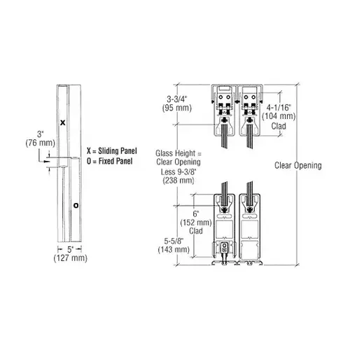 Satin Brass XO/OX Format Sliding Door Entrance System - 4" Square Top 6" Square Bottom Rail