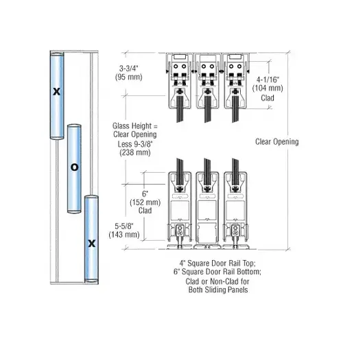 Satin Brass XOX Format Sliding Door Entrance System - 4" Square Top 6" Square Bottom Rail