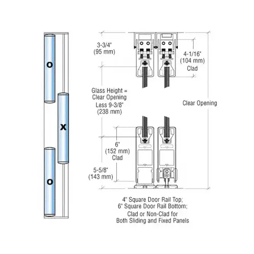 Polished Brass OXO Format Sliding Door Entrance System - 4" Square Top 6" Square Bottom Rail