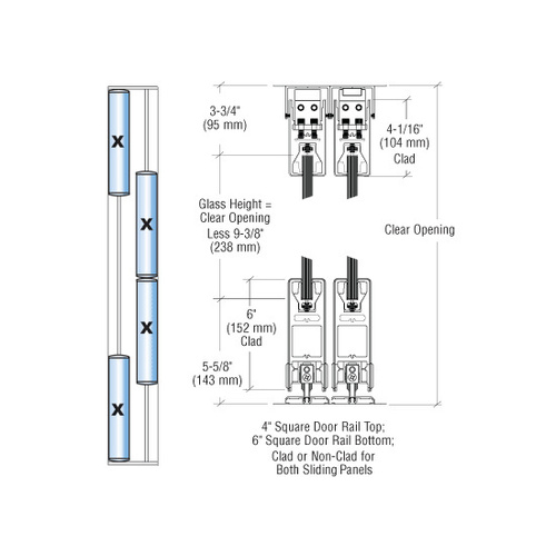 Satin Brass XXXX Format Sliding Door Entrance System - 4" Square Top 6" Square Bottom Rail