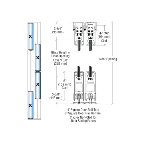 Brushed Stainless XXXX Format Sliding Door Entrance System - 4" Square Top 6" Square Bottom Rail