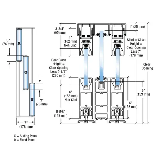 Brushed Stainless Steel XOX SSR 6" Bottom and 4" 241" Top Rail Square Sliding Door System