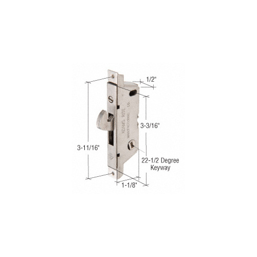 1/2" Wide Square End Face Plate Mortise Lock with 3-11/16" Screw Holes for Doors and a 22-1/2 Degree Keyway