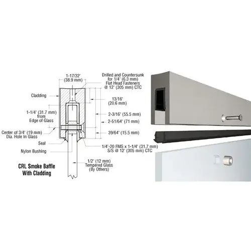 Custom Aluminum Smoke Baffle Base Shoe with Brushed Stainless Cladding for 1/2" Glass