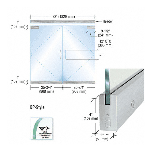 CRL BP4BS12DEL Dry Glazed Frameless Glass 6' BP-Style Brushed Stainless Double Door Complete Entrance Kit - with Lock