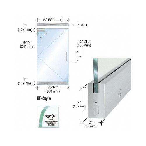 CRL BP4BS12SEL Dry Glazed Frameless Glass 3' BP-Style Brushed Stainless Single Door Complete Entrance Kit - with Lock