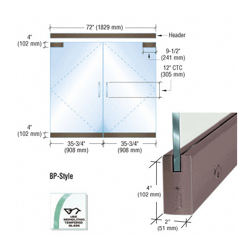 CRL BP4DU12DEL Black/Bronze Anodized Dry Glazed Frameless Glass 6'-0" BP-Style Double Door Complete Entrance Kit - with Lock