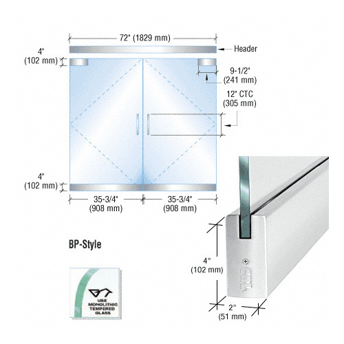 CRL BP4PS12DE Dry Glazed Frameless Glass 6' BP-Style Polished Stainless Double Door Complete Entrance Kit - without Lock