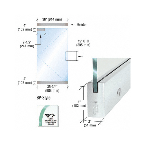 CRL BP4SA12SEL Dry Glazed Frameless Glass 3' BP-Style Satin Anodized Single Door Complete Entrance Kit - with Lock