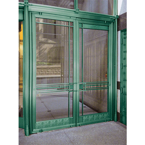 Premium Custom KYNAR Paint Aluminum Temp Glass No Stile Door for 1/2" Glazing; 4" Top Rail; 4-3/4" Bottom Rail; Exposed Hinge Tube Double Doors with Lock