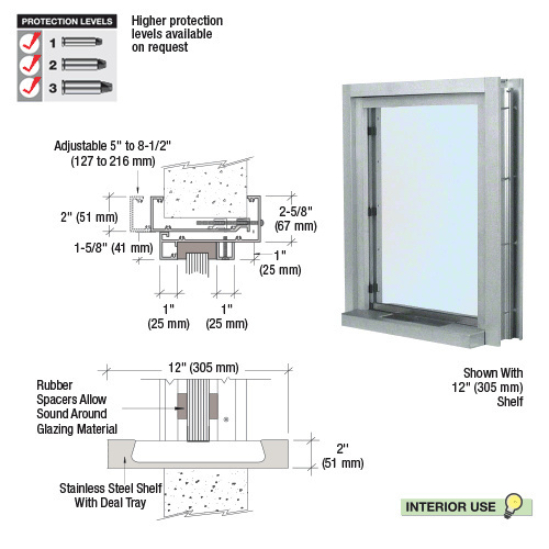 CRL C01W12A Satin Anodized Aluminum Clamp-On Frame Interior Glazed Exchange Window With 12" Shelf and Deal Tray