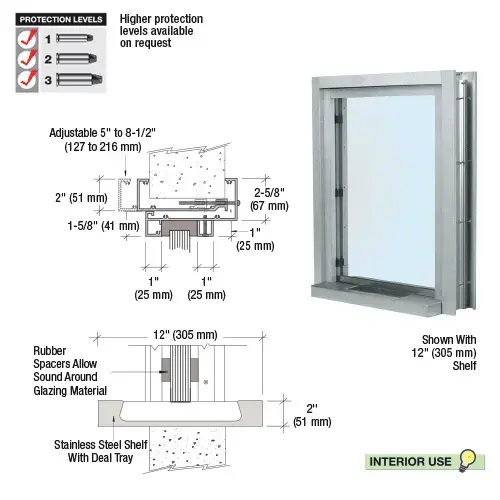 Satin Anodized Aluminum Clamp-On Frame Interior Glazed Exchange Window With 12" Shelf and Deal Tray