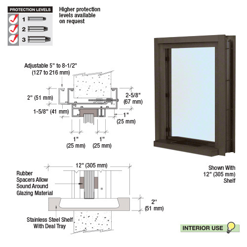 Dark Bronze Aluminum Clamp-On Frame Interior Glazed Exchange Window with 12" Shelf and Deal Tray