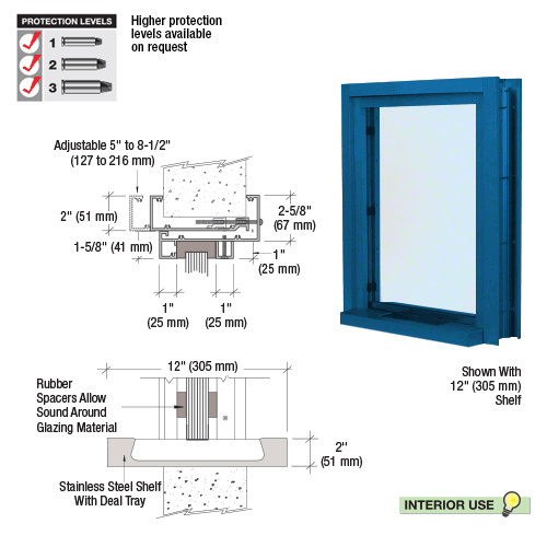 CRL C01W12P Powder Painted (Specify) Aluminum Clamp-On Frame Interior Glazed Exchange Window with 12" Shelf and Deal Tray