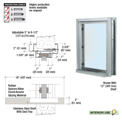 Satin Anodized Aluminum Clamp-On Frame Interior Glazed Exchange Window with 18" Shelf and Deal Tray