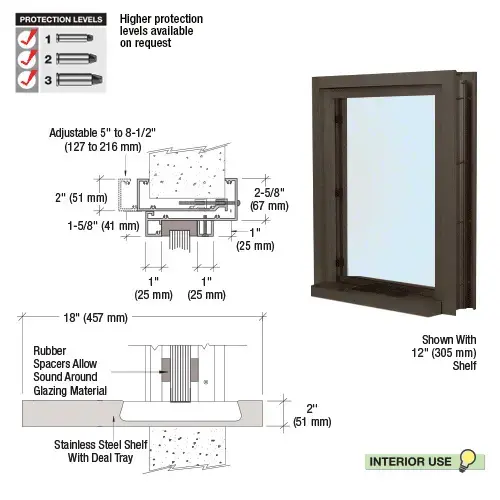 Dark Bronze Aluminum Clamp-On Frame Interior Glazed Exchange Window With 18" Shelf and Deal Tray