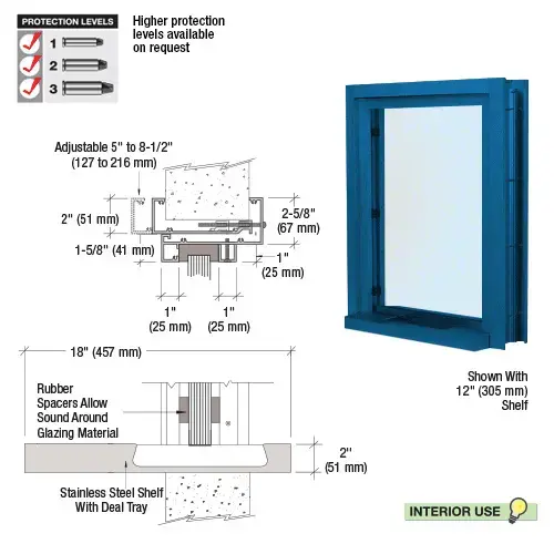 Painted (Specify) Aluminum Clamp-On Frame Interior Glazed Exchange Window with 18" Shelf and Deal Tray Powder Coated