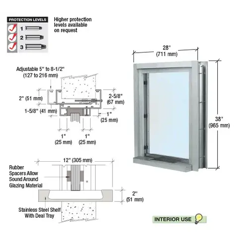Satin Anodized 28" Wide Bullet Resistant Interior Window With Surround Sound and 12" Shelf With Deal Tray