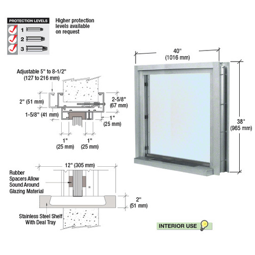 Satin Anodized 40" Wide Bullet Resistant Interior Window with Surround and 12" Shelf with Deal Tray