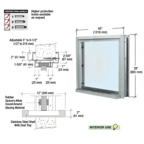 Satin Anodized 40" Wide Bullet Resistant Interior Window with Surround and 12" Shelf with Deal Tray