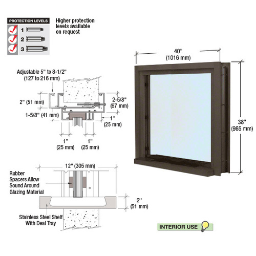 CRL C01W3636DU Dark Bronze 40" Wide Bullet Resistant Interior Window with Surround and 12" Shelf with Deal Tray