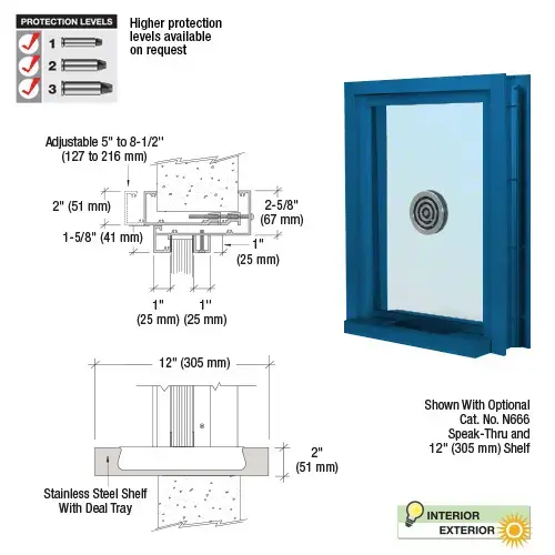 Custom Powder Paint (Specify) Aluminum Clamp-On Frame Exterior Glazed Exchange Window With 12" Shelf and Deal Tray