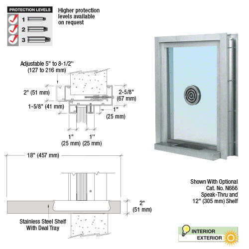 Satin Anodized Aluminum Clamp-On Frame Exterior Glazed Exchange Window with 18" Shelf and Deal Tray