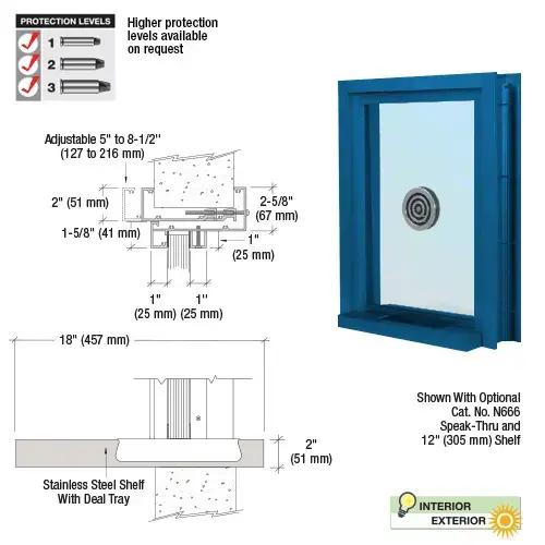 Custom Powder Painted (Specify) Aluminum Clamp-On Frame Exterior Glazed Exchange Window with 18" Shelf and Deal Tray