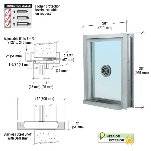 CRL C0EW2436A Satin Anodized 28" Wide x 38" High Bullet Resistant Clamp-On Exterior Window With Speak-Thru and Shelf With Deal Tray Protection Level 1