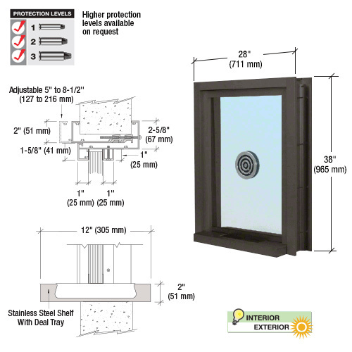 Dark Bronze 28" Wide x 38" High Bullet Resistant Clamp-On Exterior Window With Speak-Thru and Shelf With Deal Tray Protection Level 1