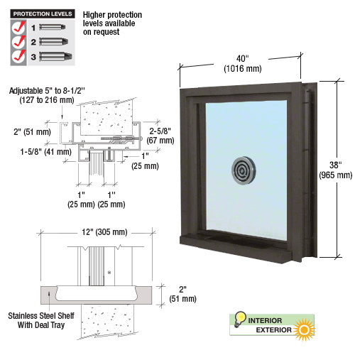 Dark Bronze 40" Wide Bullet Resistant Exterior Window with Surround Sound, Speak-Thru and Shelf with Deal Tray