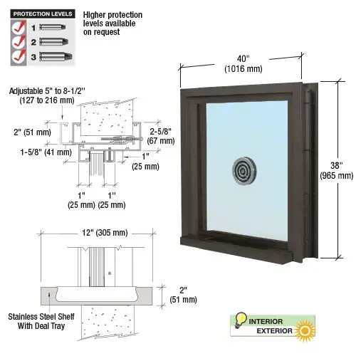 CRL C0EW3636DU Dark Bronze 40" Wide Bullet Resistant Exterior Window with Surround Sound, Speak-Thru and Shelf with Deal Tray