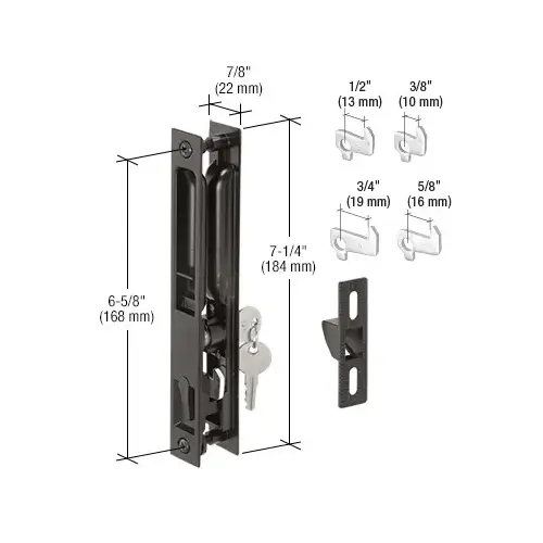 Black Keyed Flush Mount Sliding Glass Door Latch With 6-5/8" Screw Holes and 4 Hook Assortment