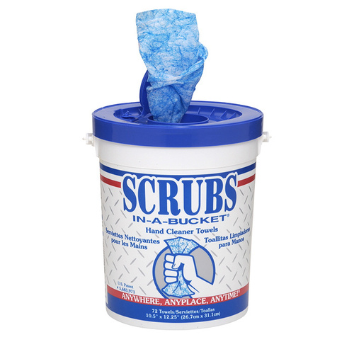Scrubs-In-A-Bucket C422 Use CRL Scrubs-In-A-Bucket for fast and easy hand cleaning. These pre-moistened towels clean hands of urethane adhesive ink tar and oil with a gentle-to-the-skin formula that gives pumice performanc