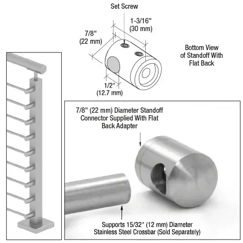 316 Brushed Stainless Right End Standoff Connector (Flat Back)