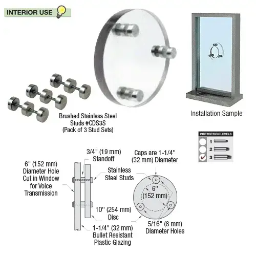 Round Level 3 Clear - Vision Bullet Resistant Clear Laminated Polycarbonate Speak - Thru