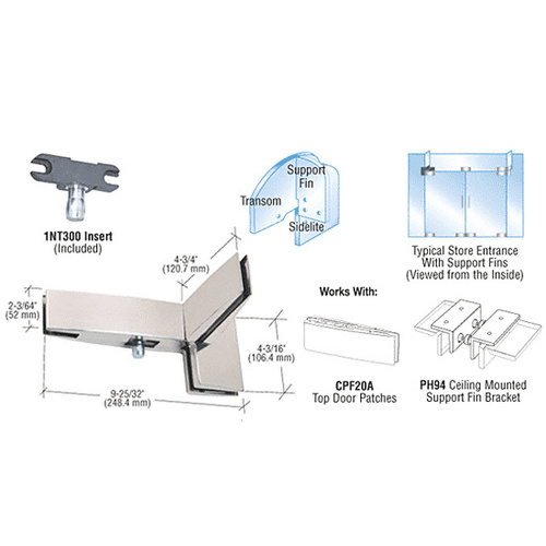 Polished Stainless Curved Left Hand Sidelite Transom Patch With Support Fin Bracket and 1NT300 Insert