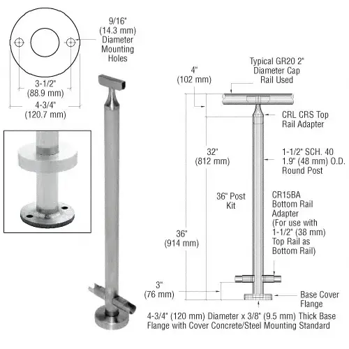 CRL CR36CKBS Brushed Stainless 36" CRS Stainless Steel 180 degree Center Post Kit