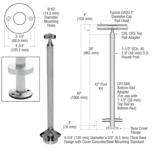 Brushed Stainless 42" CRS Stainless Steel 90 degree Corner Post Kit