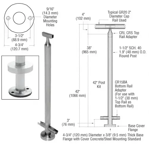 CRL CR42CKBS Brushed Stainless 42" CRS Stainless Steel 180 degree Center Post Kit