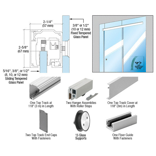 280 Series Brushed Stainless Anodized Series Single Sliding Door Glass Fixed Panel Mount Installation Kit for 1/2" (12 mm) Tempered Glass