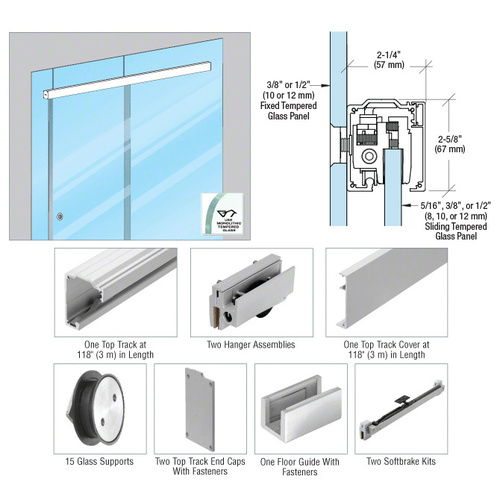 285 Series Brushed Satin Anodized Glass Mount Single Slider Kit for 5/16" to 3/8" - 118"