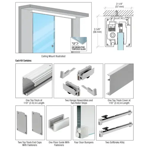 285 Series Brushed Stainless Anodized Single Slider Kit for 1/2" Glass