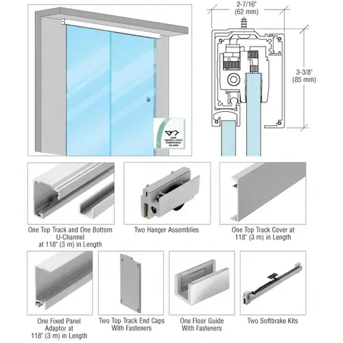 285 Series Satin Anodized Single Slider with Fixed Panel Kit for 3/8" and 1/2" Tempered Glass 118" Length