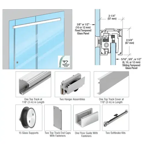 285 Series Brushed Stainless Anodized Glass Mount Single Slider Kit for 1/2" - 118"