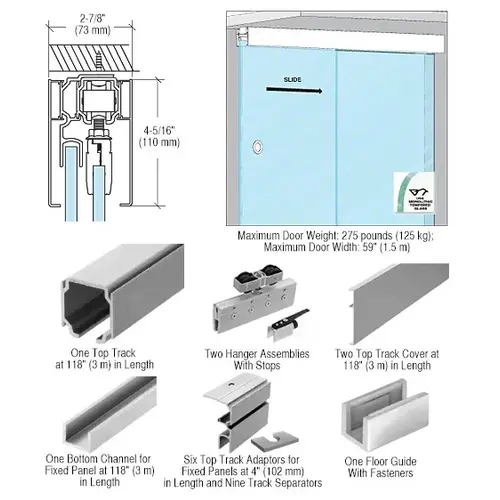 70 Satin Anodized Series Single Sliding Door with Fixed Panel Ceiling Mount Kit