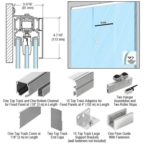 70 Satin Anodized Series Single Sliding Door with Two Fixed Panels Wall Mount Kit