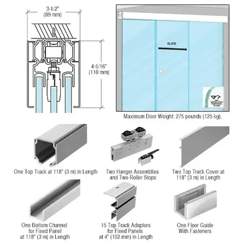 70 Satin Anodized Series Single Sliding Door with Two Fixed Panels Ceiling Mount Kit